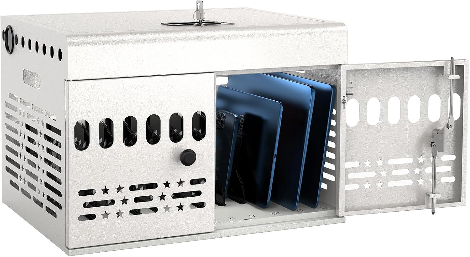 12-Device Charging Cabinet -Lockable Charging Station for iPad, Chromebook,Laptop&Tablet- American Style Charging Cabinet with Cord Management Ideal for Classrooms & Offices (Grayish White)