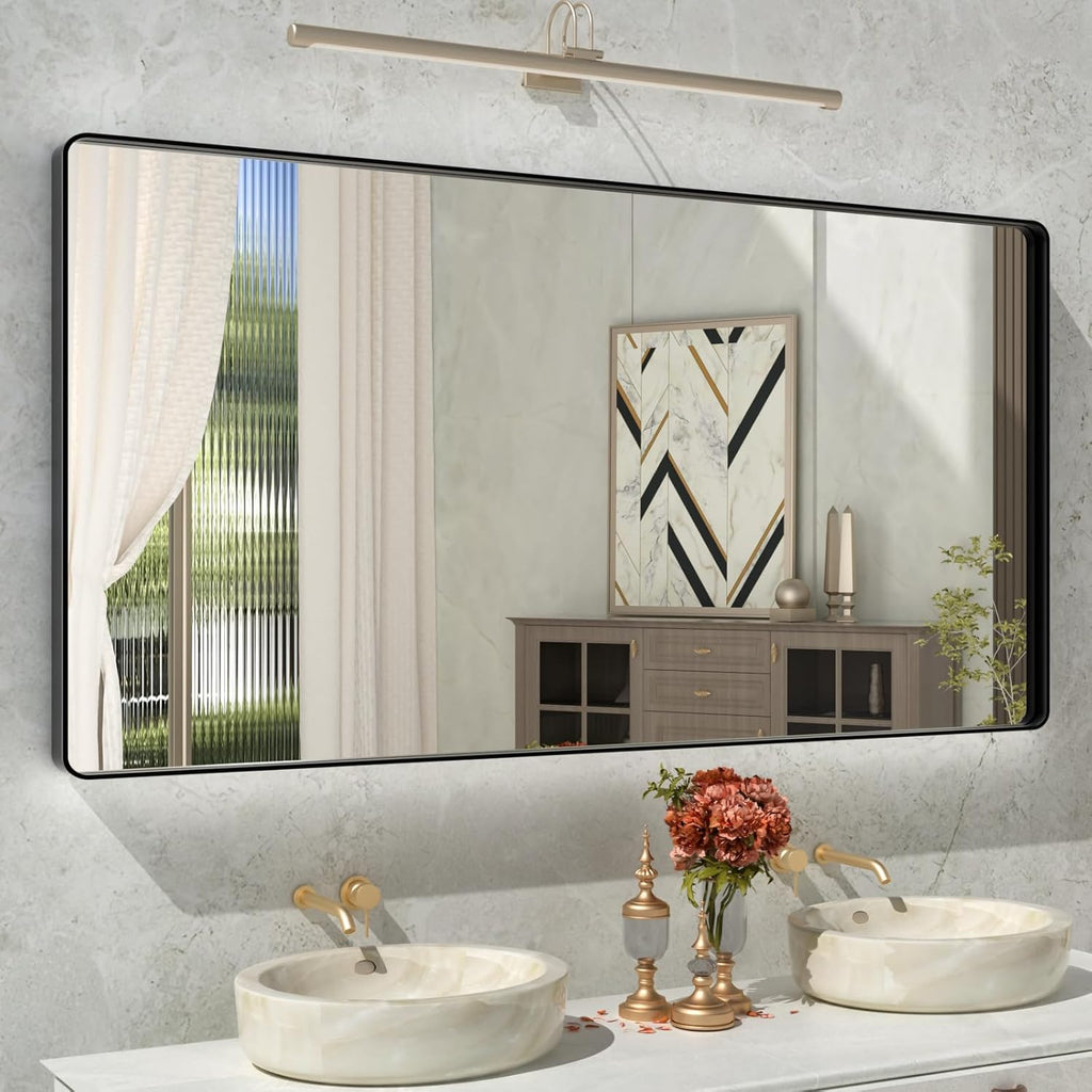 Rectangle Black Bathroom Mirror 60x28 Inch, Large Matte Black Bathroom Vanity Mirror,Round Corner Black Metal Framed Mirror for Wall,Anti-Rust,Tempered Glass (Horizontal/Vertical)