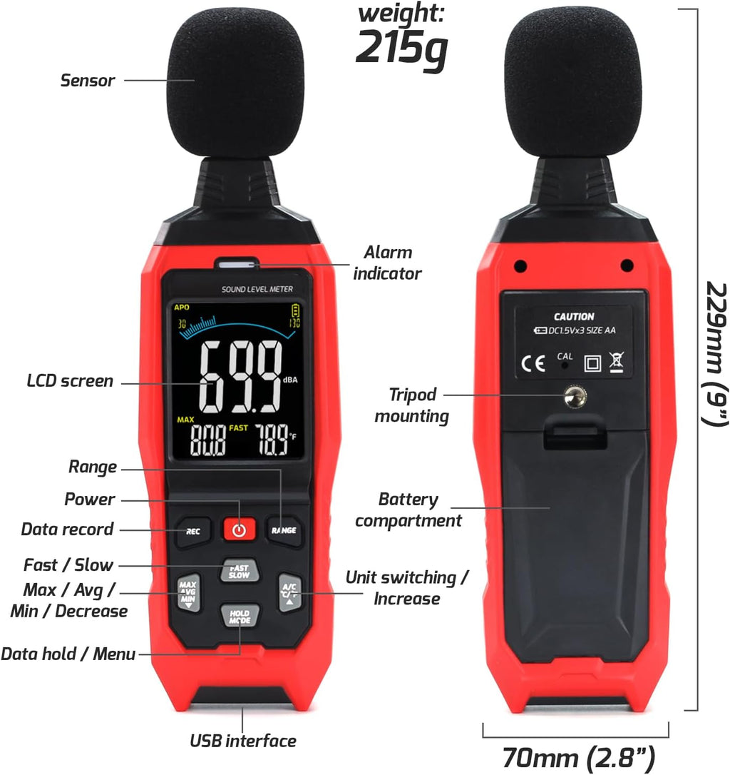 Decibel Meter with Data Logging Sound Decibel Meter Data Logger, 30~130dB Sound Level Meter with Audible Visual Alarm, Sound Meter with Export Data, PC Connection, Temperature, Analog Bar Indicator