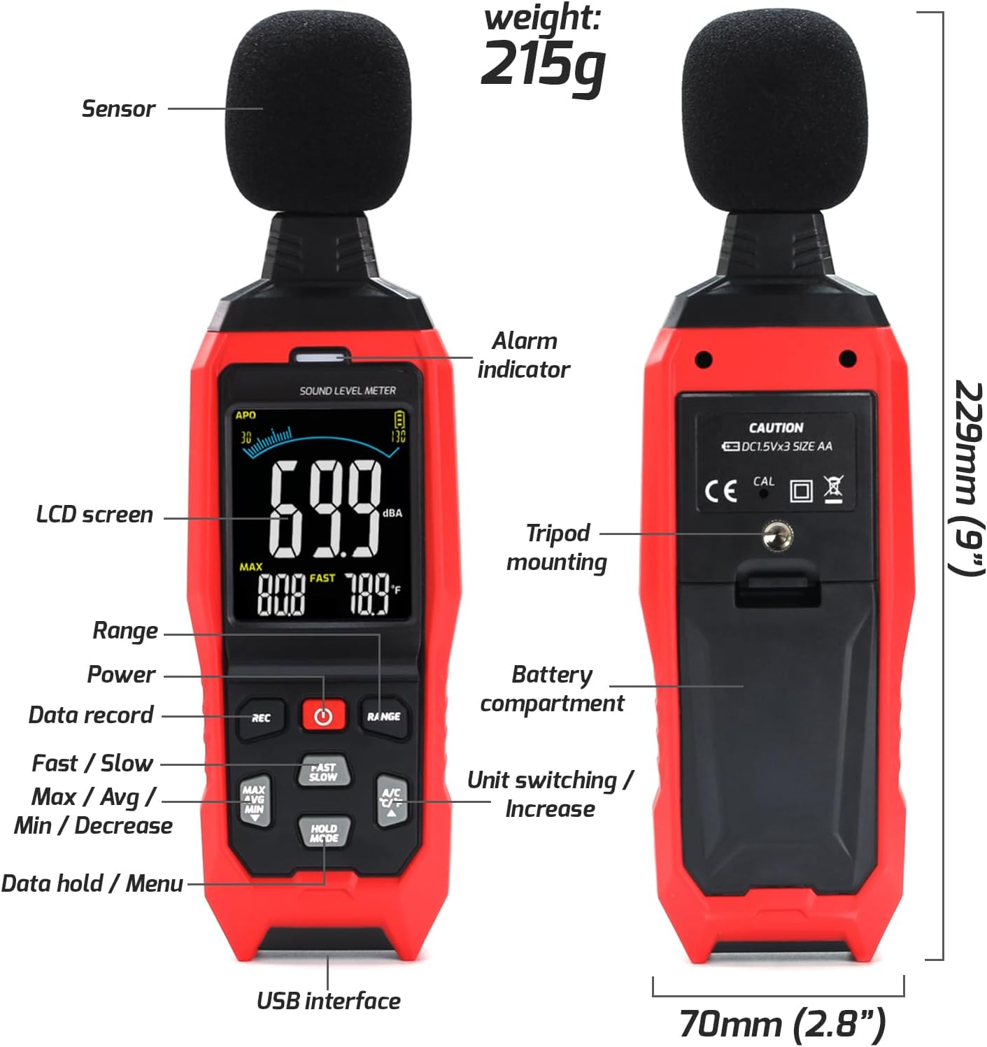 Decibel Meter with Data Logging Sound Decibel Meter Data Logger, 30~130dB Sound Level Meter with Audible Visual Alarm, Sound Meter with Export Data, PC Connection, Temperature, Analog Bar Indicator