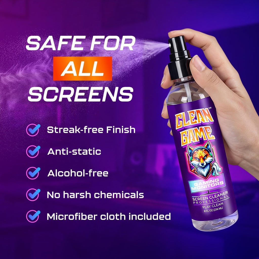 Clean Game Monitor Cleaner Spray & Microfiber Cloth 8oz, Streak-Free Computer Screen Cleaner Spray and Wipe for Gaming, Computer, Phone, iPad, MacBook Laptop Cleaning Kit Electronic Screen Cleaners