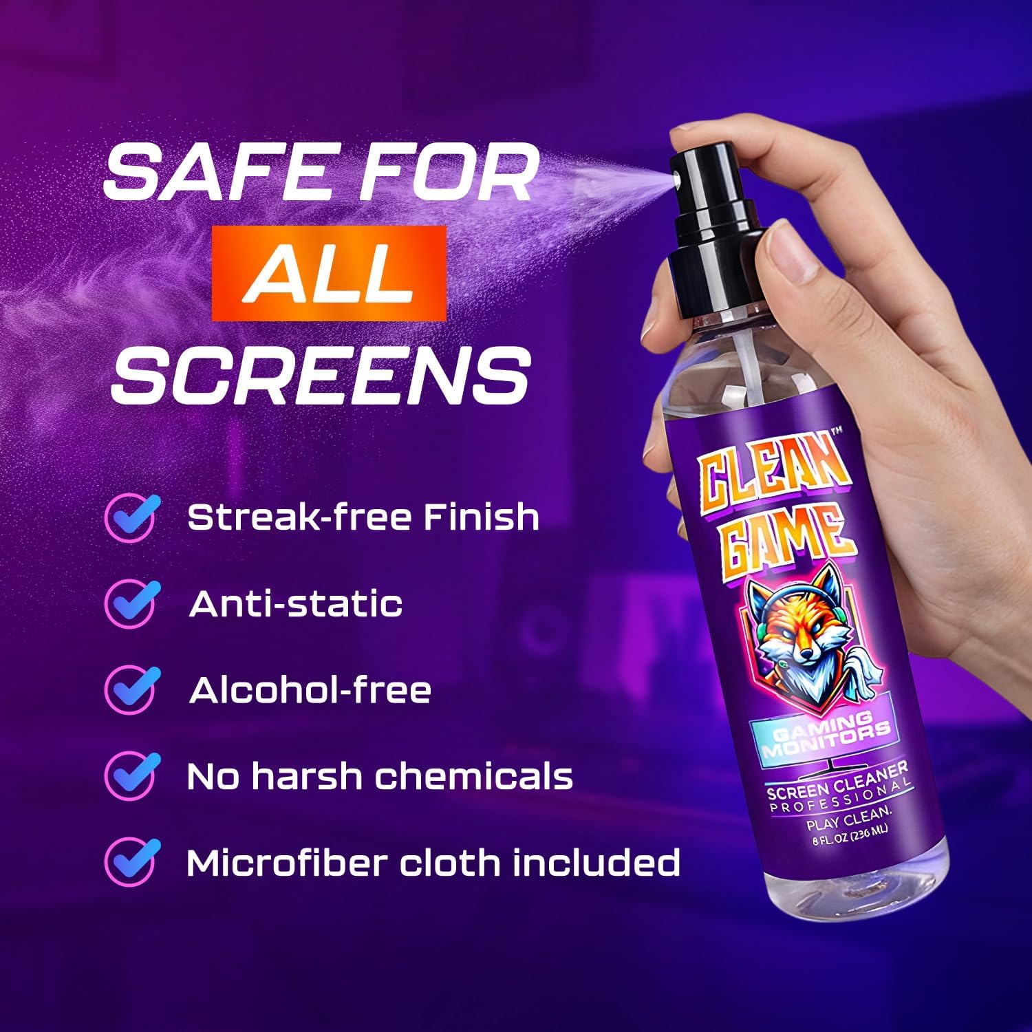 Clean Game Monitor Cleaner Spray & Microfiber Cloth 8oz, Streak-Free Computer Screen Cleaner Spray and Wipe for Gaming, Computer, Phone, iPad, MacBook Laptop Cleaning Kit Electronic Screen Cleaners