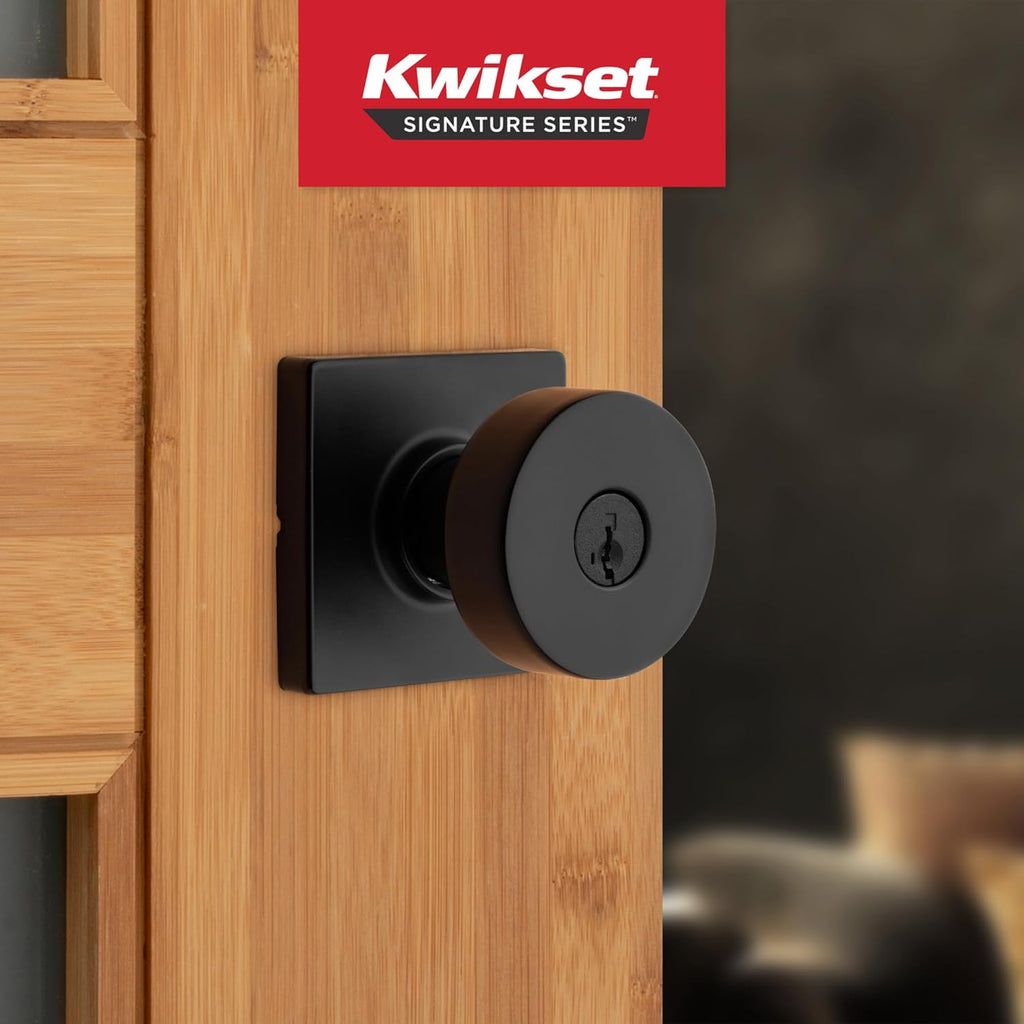 Kwikset Pismo Entry Door Knob with Lock and Key, Secure Keyed Handle Exterior, Front Entrance and Bedroom, Matte Black, 4 Pack, Pick Resistant SmartKey Rekey Security and Microban
