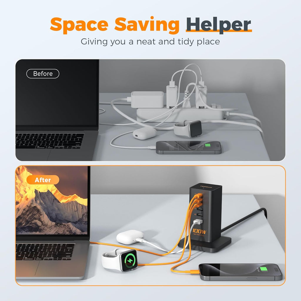 USB C Charger Blcok PD 100W, TESSAN 6-in-1 Charging Station for Multiple Devices, Desktop Tower Charger with 6 USB Ports for iPhone 17/16/15, MacBook, Tablet, Office Home Dorm Room Accessories