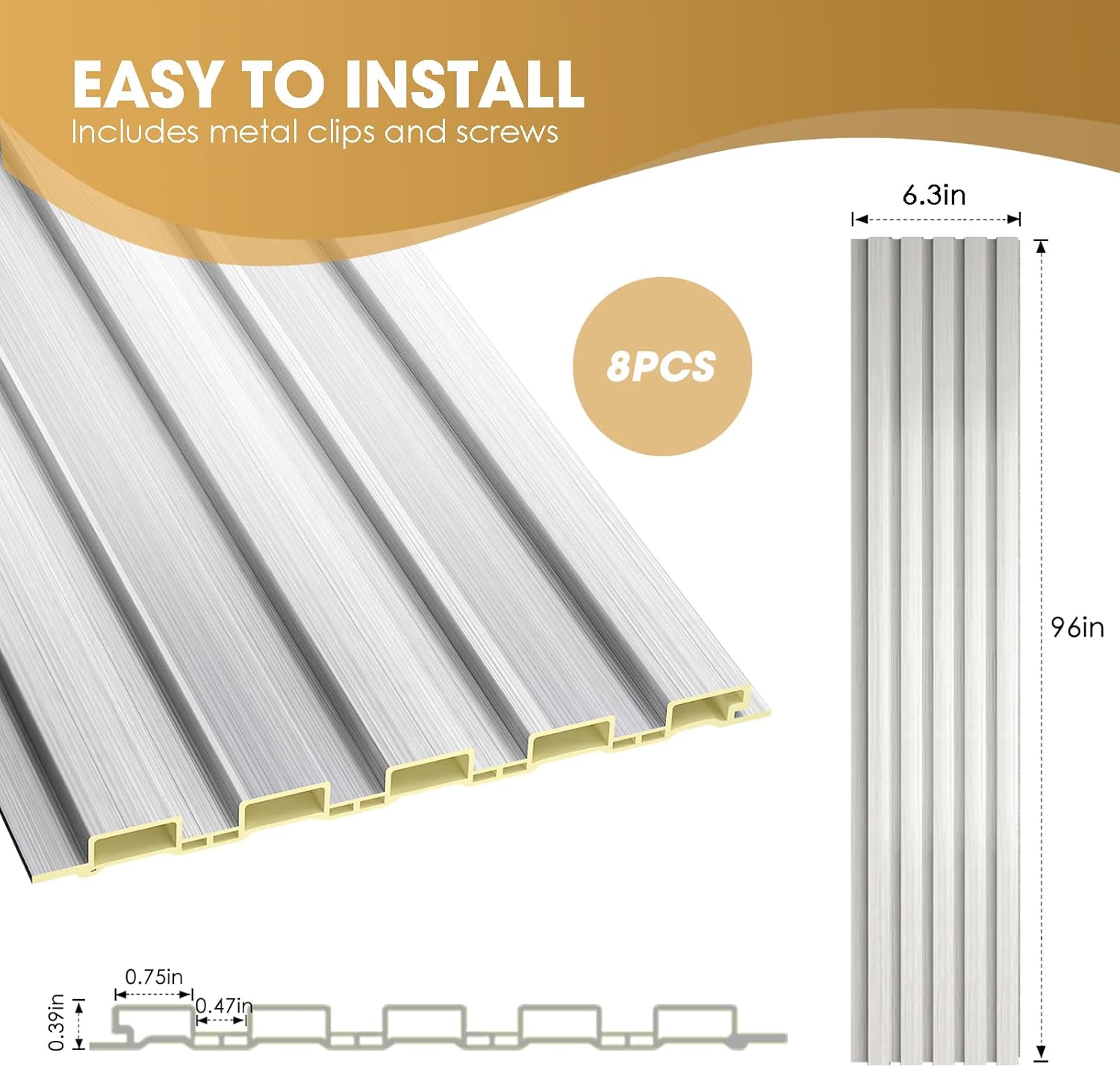 OUZUGIE WPC Acoustic Slat Wall Paneling, 8-Pack 96 x 6 Inches 3D Wall Panels for Interior Wall Decor,Living Room,TV Background,Study Room,Office Spaces,Bedroom,Low Grille (Metallic Silver)