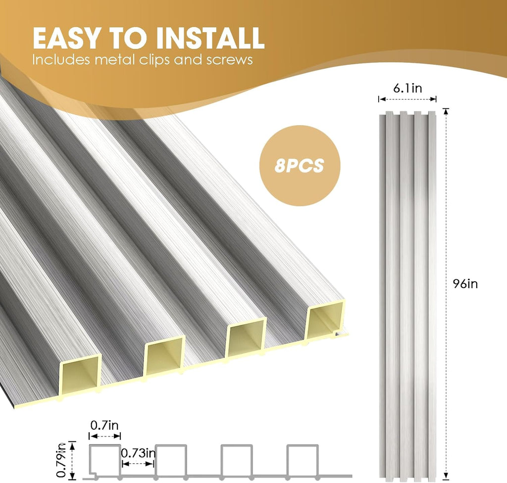 OUZUGIE WPC Acoustic Slat Wall Paneling, 8-Pack 96 x 6 Inches 3D Wall Panels for Interior Wall Decor,Living Room,TV Background,Study Room,Office Spaces,Bedroom,High Grille (Metallic Silver)