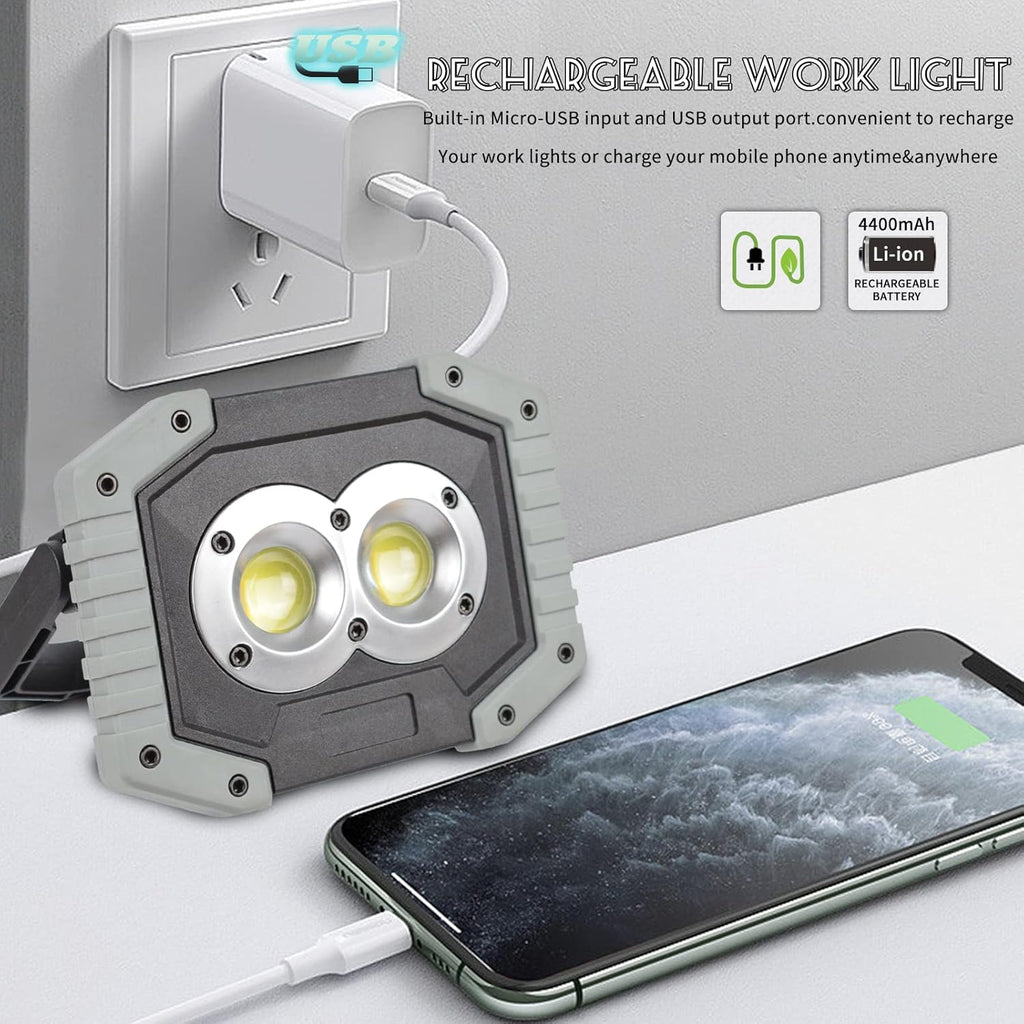 OTYTY LED Work Light 2-Pack, 30W 1500LM Portable Rechargeable Flood Lights with Magnetic Base, 4200mAh Battery for Outdoor, Camping, Hiking, Emergency, Car Repairing, Job Site Lighting (W839 Grey)