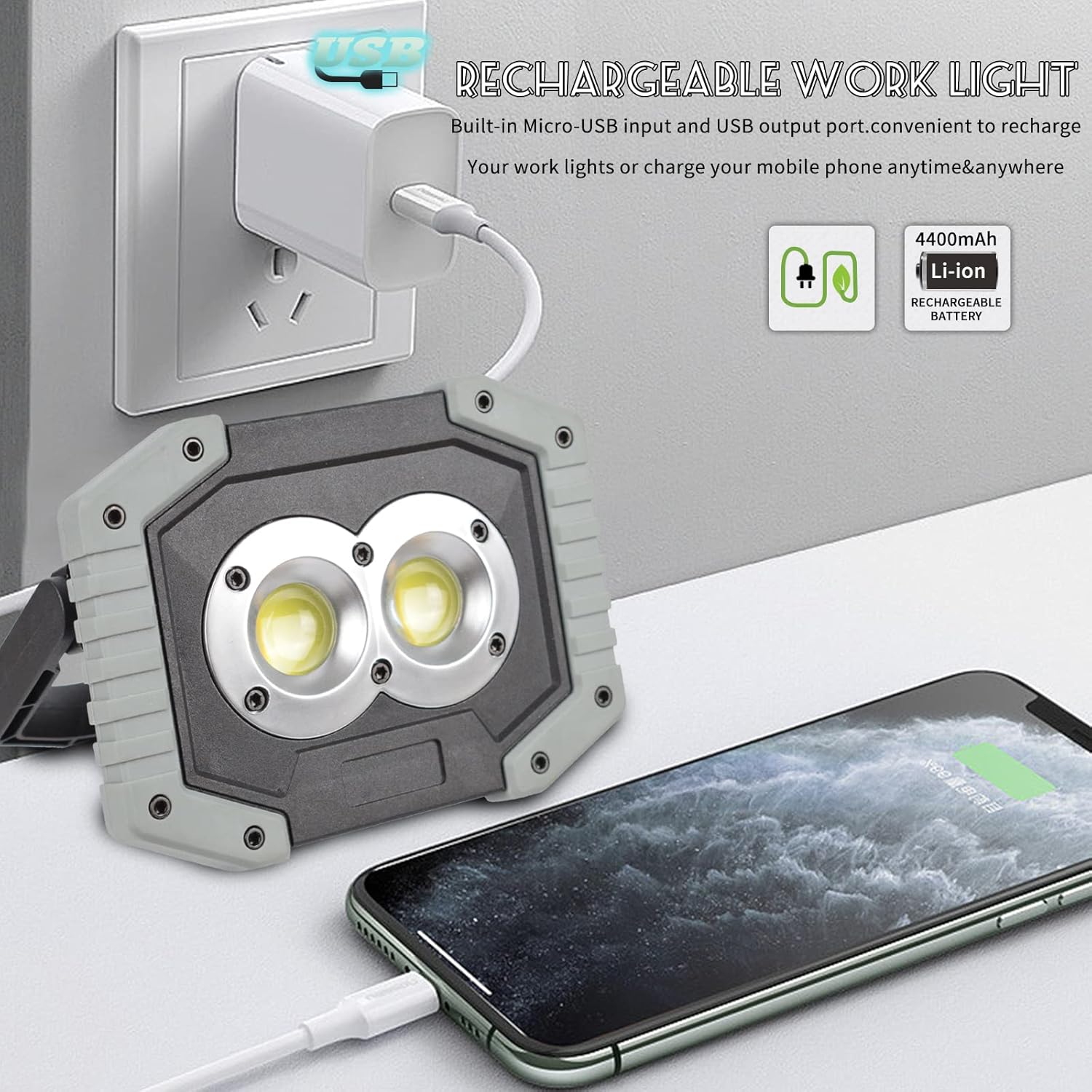 OTYTY LED Work Light 2-Pack, 30W 1500LM Portable Rechargeable Flood Lights with Magnetic Base, 4200mAh Battery for Outdoor, Camping, Hiking, Emergency, Car Repairing, Job Site Lighting (W839 Grey)