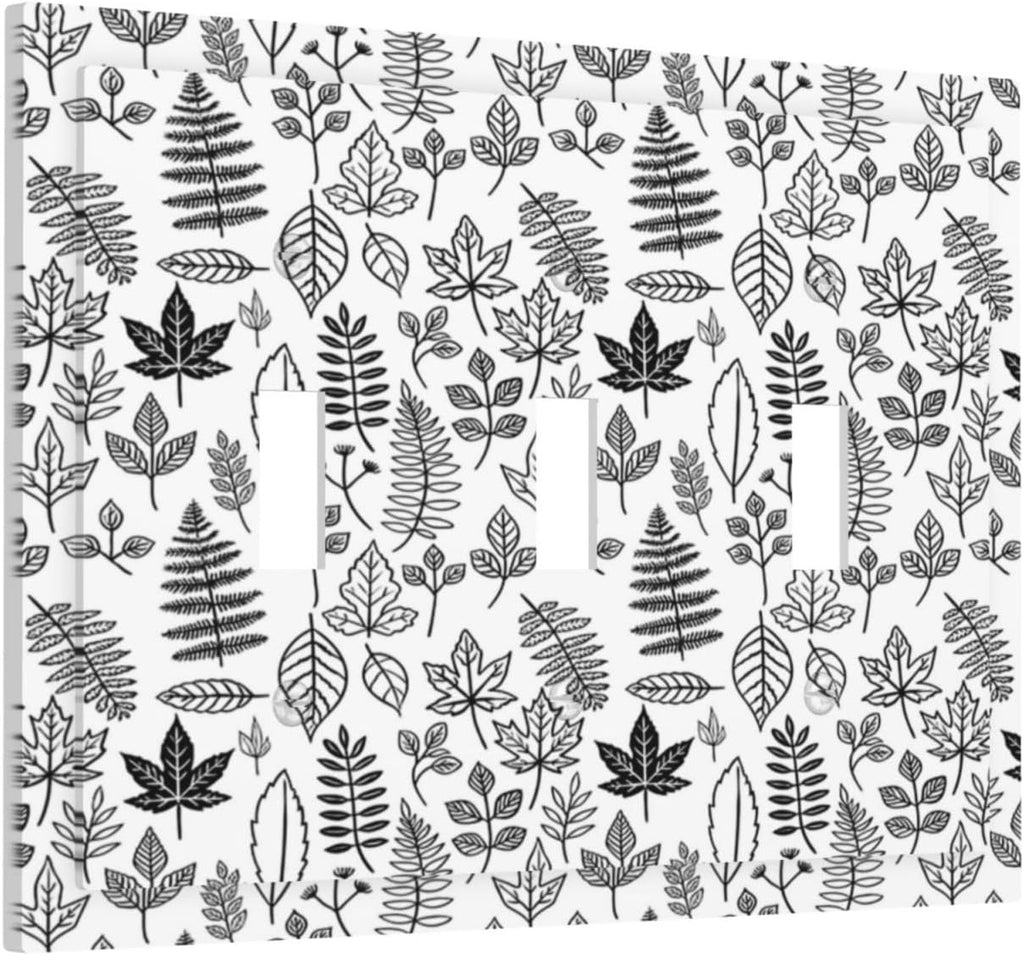 Black White Leaf Wheat Maple Leaf Plant Decorative Switch Plates 3 Gang Wall Plate Triple Toggle Light Switch Cover Electrical Wall Panels Faceplate for Bedroom Bathroom Decor