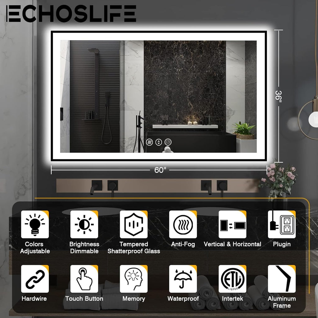 60x36 LED Mirror for Bathroom - Black Aluminum Framed (Front and Backlit),Anti-Fog Stepless 3 Colors Dimmable Lighted Smart Bathroom Mirror with Lights(Horizontal/Vertical)