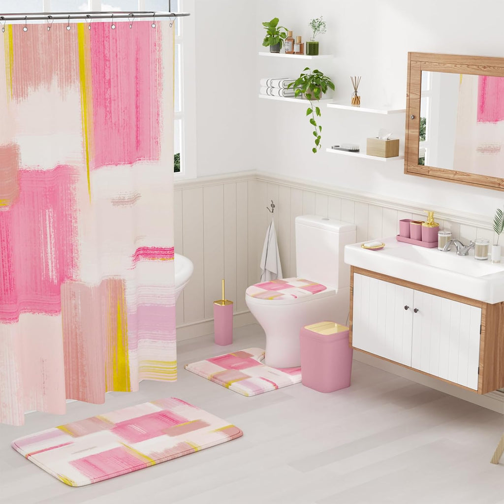 Bathroom Accessories Set - 25PC Bathroom Set with Shower Curtain and Rugs, Pink Bathroom Set, Bathroom Accessory Set with Press-on Lid Trash Can, Soap Dispenser and Qtip Holders