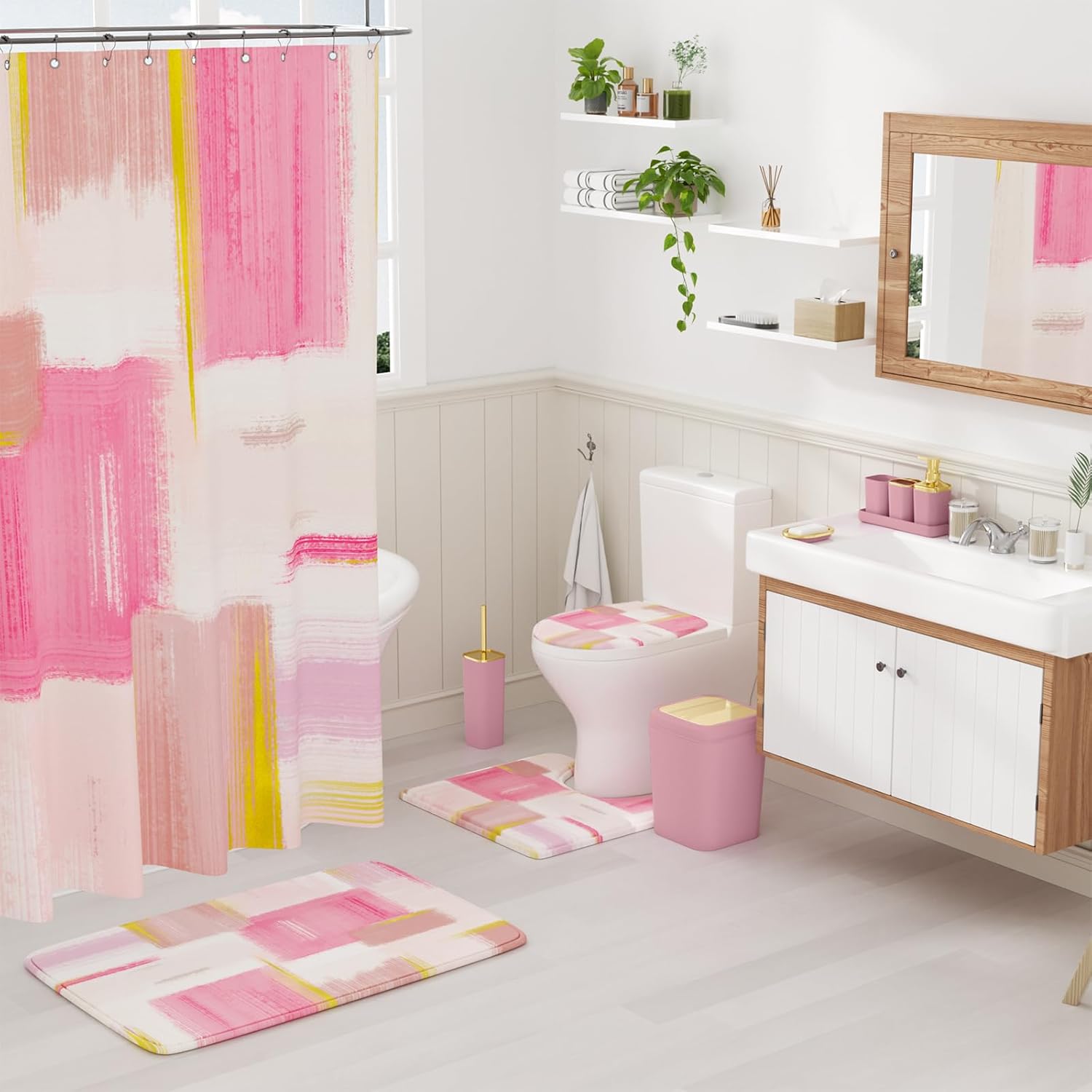 Bathroom Accessories Set - 25PC Bathroom Set with Shower Curtain and Rugs, Pink Bathroom Set, Bathroom Accessory Set with Press-on Lid Trash Can, Soap Dispenser and Qtip Holders