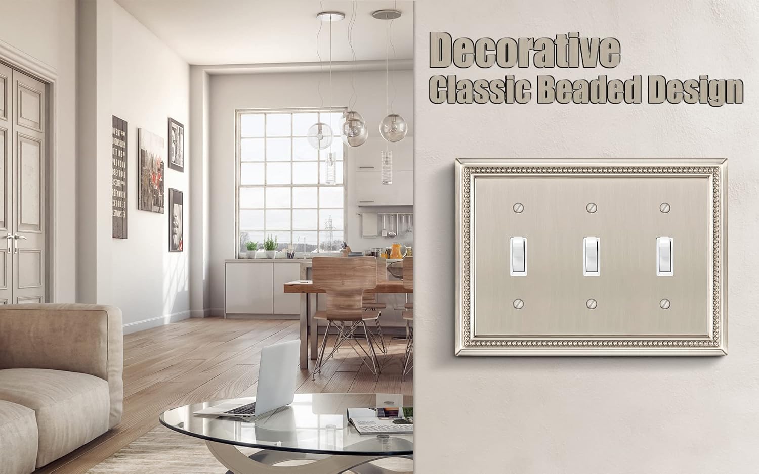 Henne Bery Sunken Pearls Heavy Duty Decorative Wall Plate Switch Plate Outlet Cover (Triple Toggle, Satin Nickel)