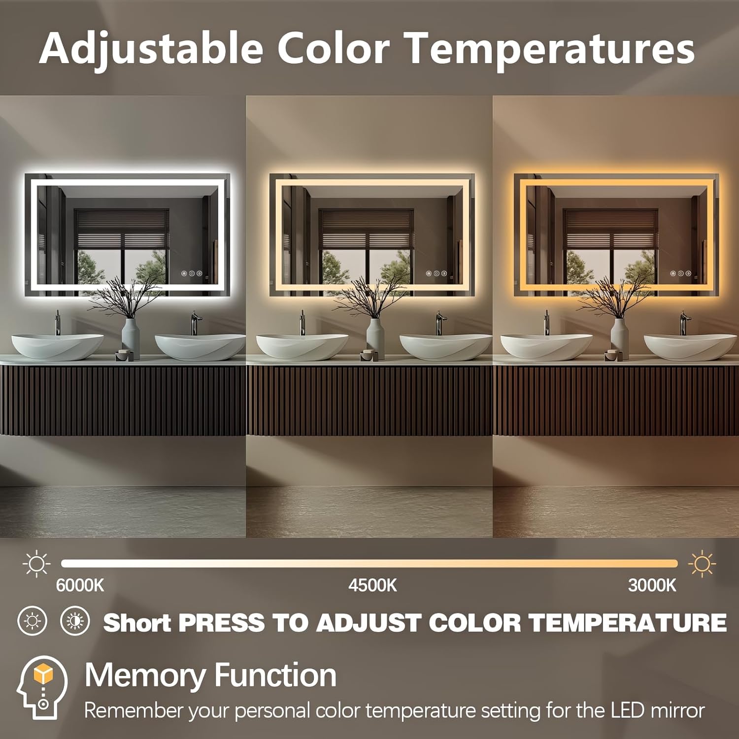 Niccy 40" x 24" LED Bathroom Mirror with Lights, Backlit and Front Lit, Lighted Vanity Mirror for Wall with 3 Colors, Anti-Fog, Shatter-Proof, Memory for Bedroom, Horizontal/Vertical