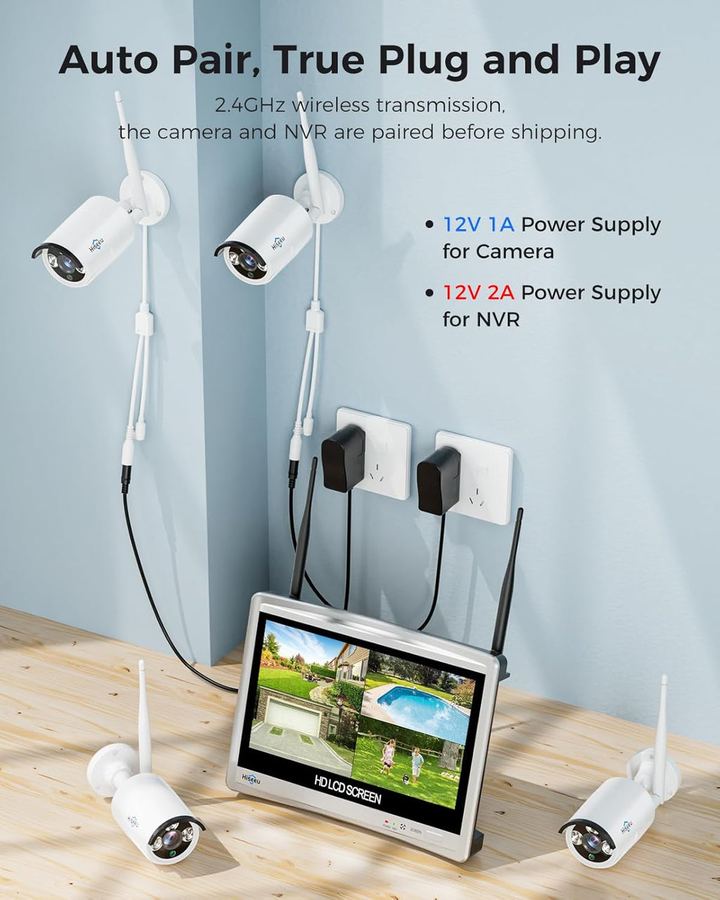 [16CH Expandable] Hiseeu Home Security System, 2.4G/5G Wireless WiFi Pro, 4K NVR with 12" LCD Monitor, 5MP Corded Electric Powered Outdoor Bullet Cameras, 24/7 Recording, 3TB HDD, Night Vision, IP65