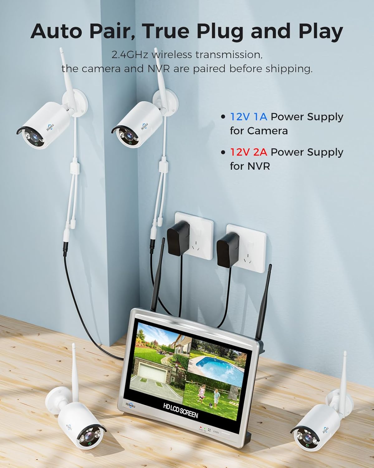 [16CH Expandable] Hiseeu Home Security System, 2.4G/5G Wireless WiFi Pro, 4K NVR with 12" LCD Monitor, 5MP Corded Electric Powered Outdoor Bullet Cameras, 24/7 Recording, 3TB HDD, Night Vision, IP65