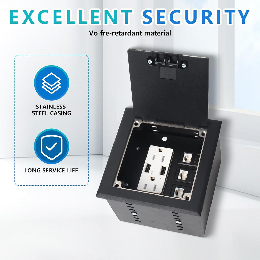 KYHSHJ Recessed Flat Hidden Socket Kit with 2 * 15A Receptacle，4.8A*2 USB-A Ports +3-Port RJ45 Datacom Receptacle. Internal Height Adjustable，Corrosive Resistant Hardware,Black