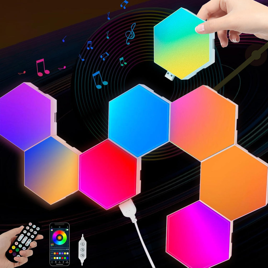 Hexagon Lights Wall Panels, Smart LED Wall Lights with APP, DIY Modular Assembled Music Sync RGB Gaming, Hex Light with USB-Power for Autism, Game Room Decor, Party (6-Pack)