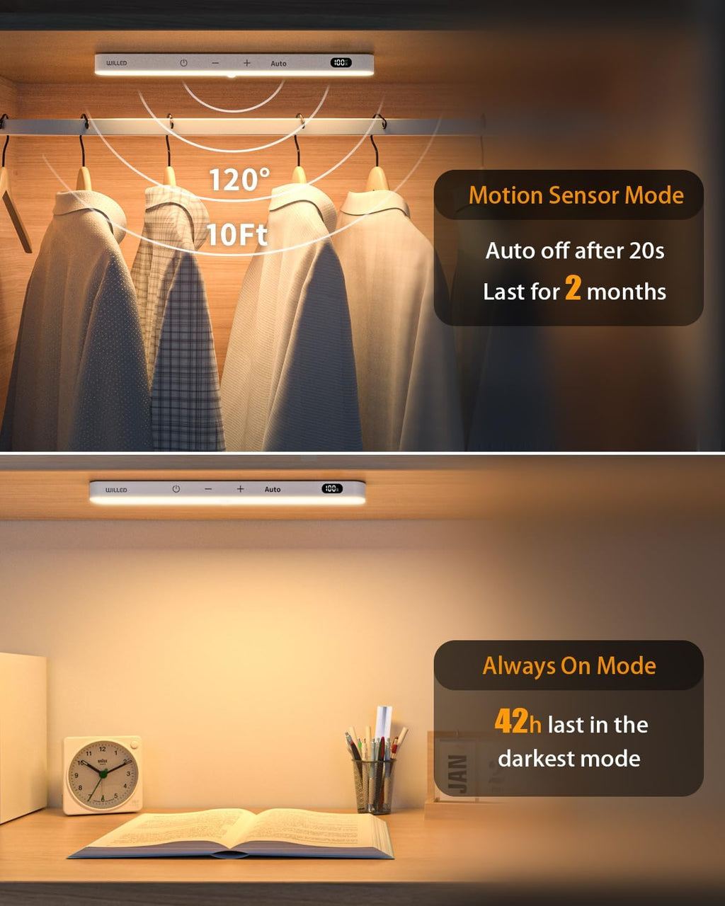 WILLED 3000K Closet Lights Motion Sensored, Battery Display, 60 LED Touch Light Bar, Motion Sensor Light Indoor, Under Cabinet Lights Rechargeable, Stick on Lights for Closet, Kitchen, Hallway, 2 Pack