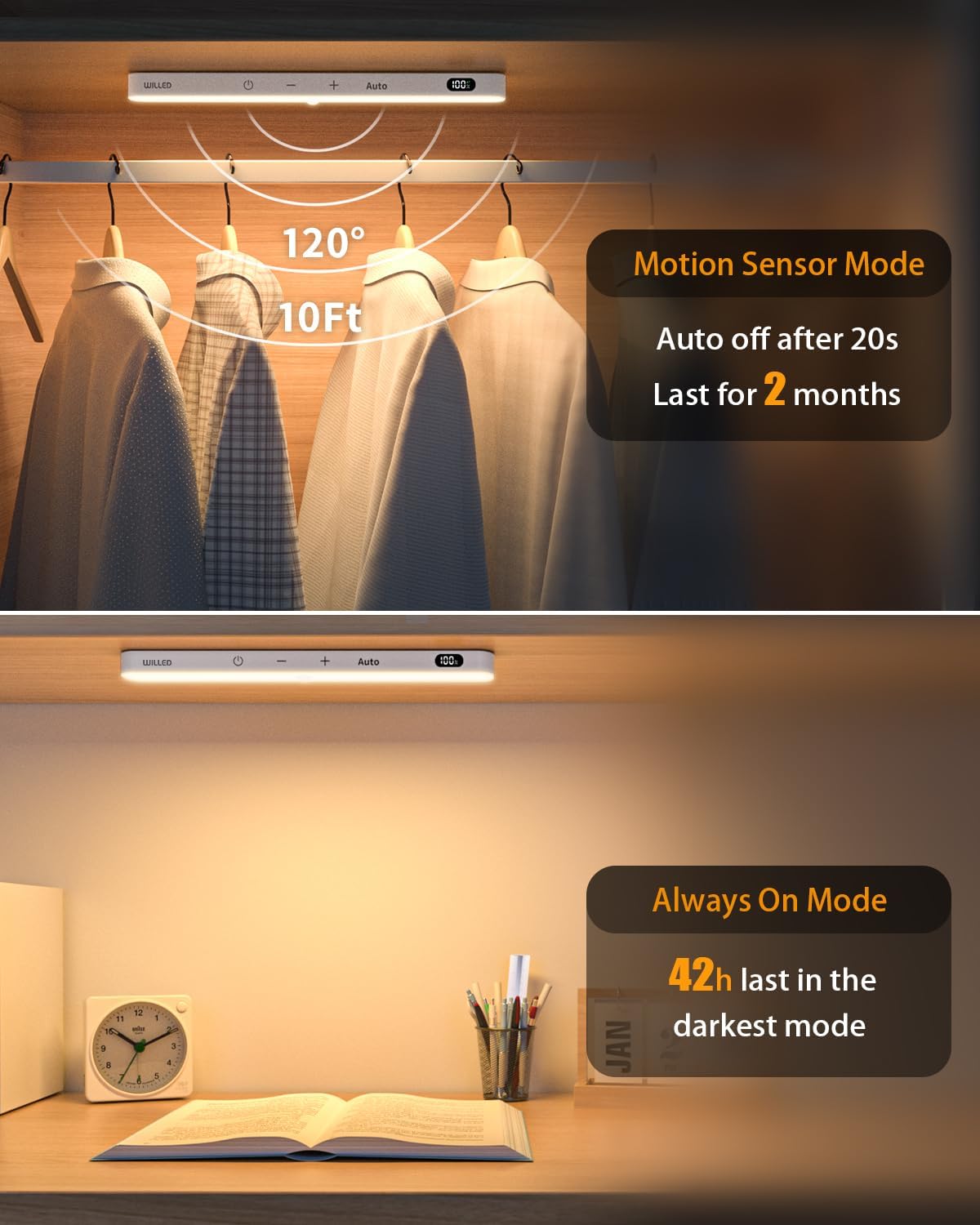 WILLED 3000K Closet Lights Motion Sensored, Battery Display, 60 LED Touch Light Bar, Motion Sensor Light Indoor, Under Cabinet Lights Rechargeable, Stick on Lights for Closet, Kitchen, Hallway, 2 Pack