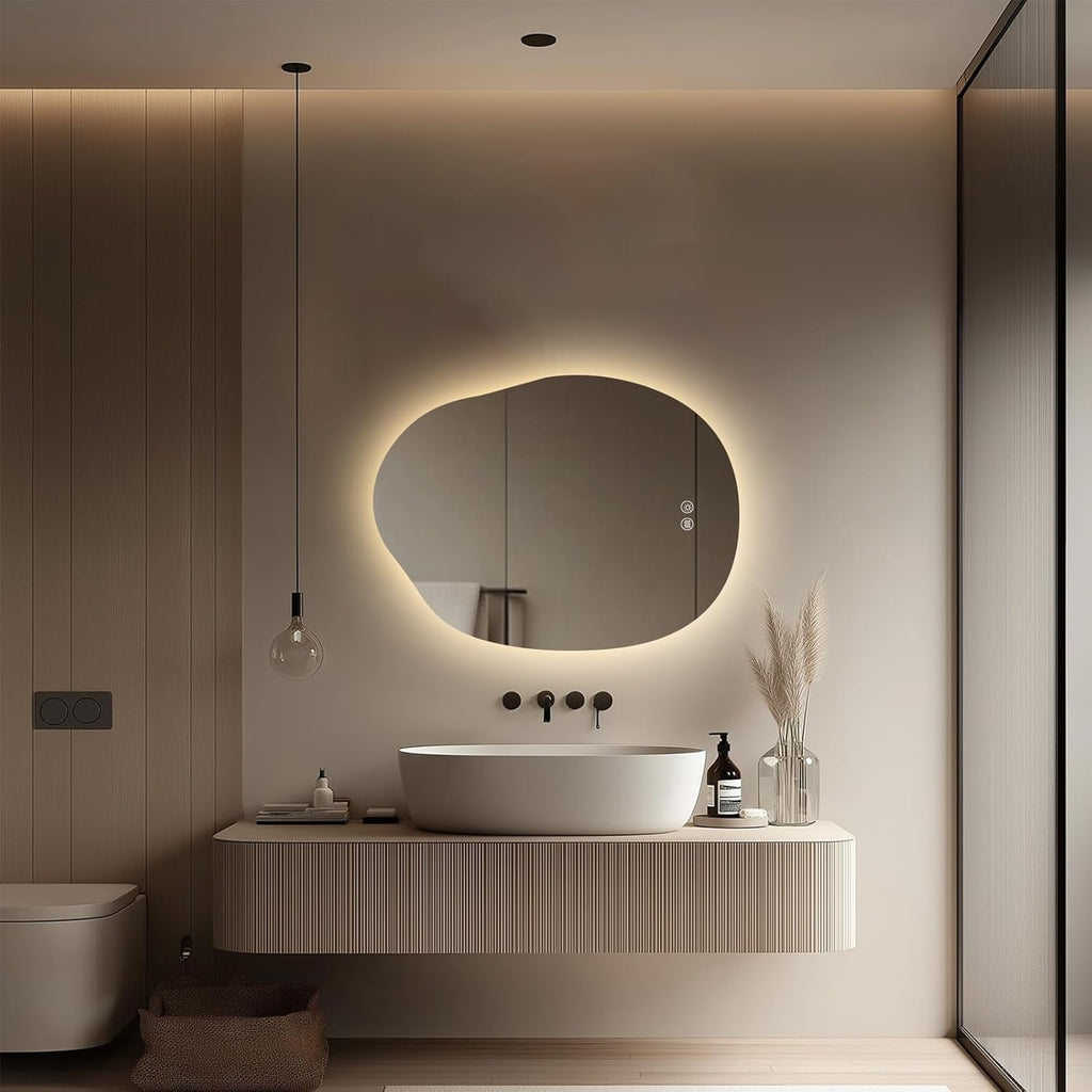 LED Bathroom Mirror with Lights 24x32, Stepless Dimmable Irregular Backlit Mirror with 3 Colors, Anti-Fog, Memory, Al-Alloy Lampshade, Frameless Smart Mirror for Bathroom (Horizontal/Vertical)