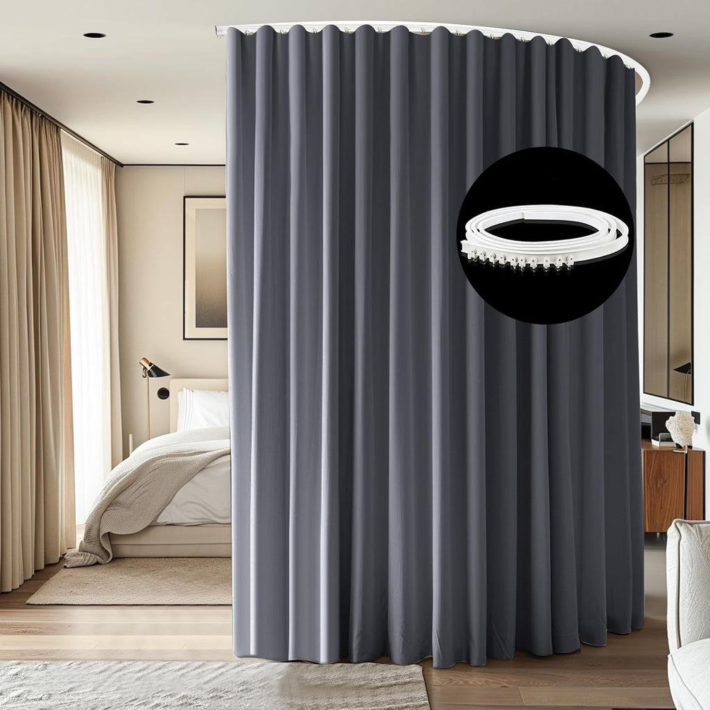 Room Divider Ceiling Mounted Curtains Track Sets Extra Wide Blackout Curtain Flexible Tracks for Bedroom Privacy Partition Separator, 1Panel Grey Drape and White Rail, W8.3 x H10ft