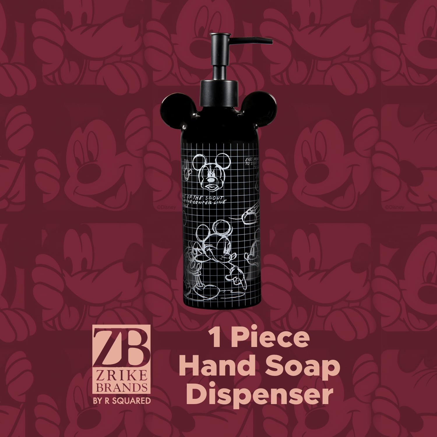 Disney Mickey Mouse Ceramic Soap Dispenser – Black Hand Soap Dispenser or Lotion Pump, Bathroom Decor and Kitchen Accessories – Officially Licensed Disney Home Decor