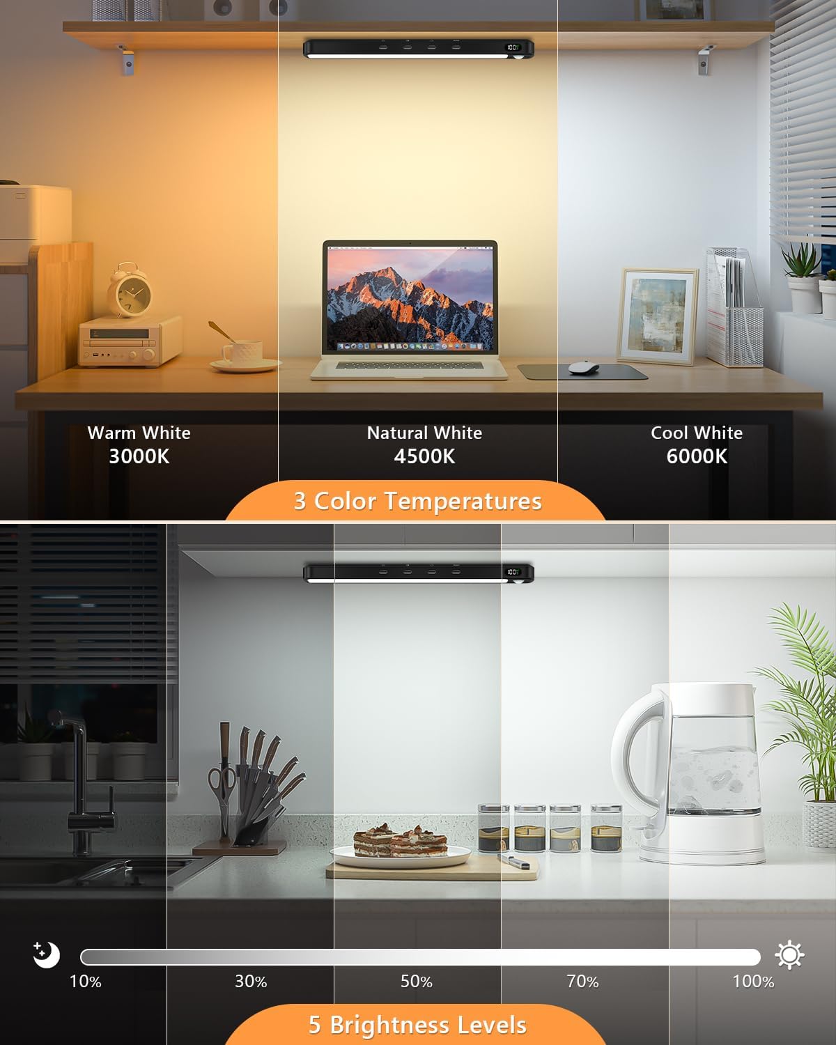 WILLED Under Cabinet & Closet Lights, Motion Sensor, Rechargeable, Magnetic, 3 Color Temps, Dimmable LED Light Bar for Indoor Kitchen Counter (4 Pack, Black)