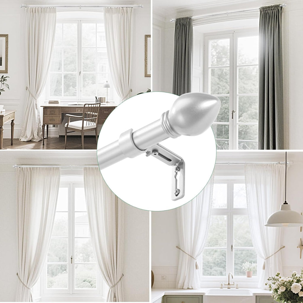 Curtain Rods for Windows 16 to 150 inches, Curtain Rod Max Adjustable Length to 158 in, Drapery Rod 1 inch Diameter with Modern Knobs Finials (Satin Silver, 16" to 150" - Set of 1)