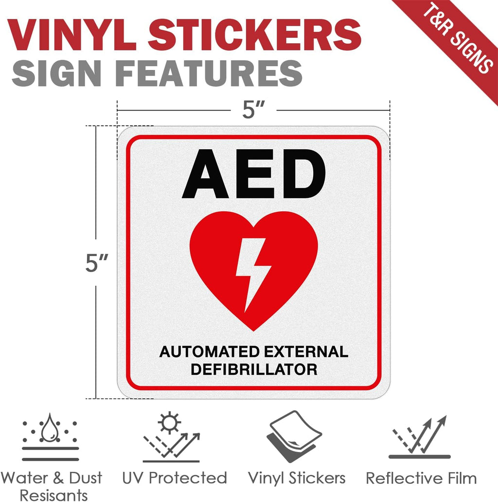 T&R AED Stickers - 10 Pack - 5 x 5 Inches Reflective Label, UV resistant, waterproof, fade and scratch resistant, suitable for indoor and outdoor