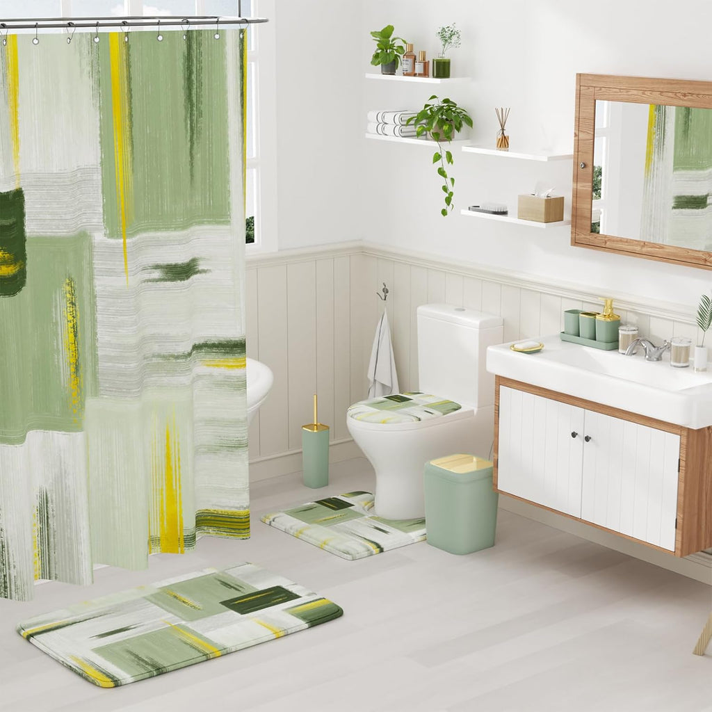 Bathroom Accessories Set - 25PC Bathroom Set with Shower Curtain and Rugs, Sage Green Bathroom Set, Bathroom Accessory Set with Press-on Lid Trash Can, Soap Dispenser and Qtip Holders
