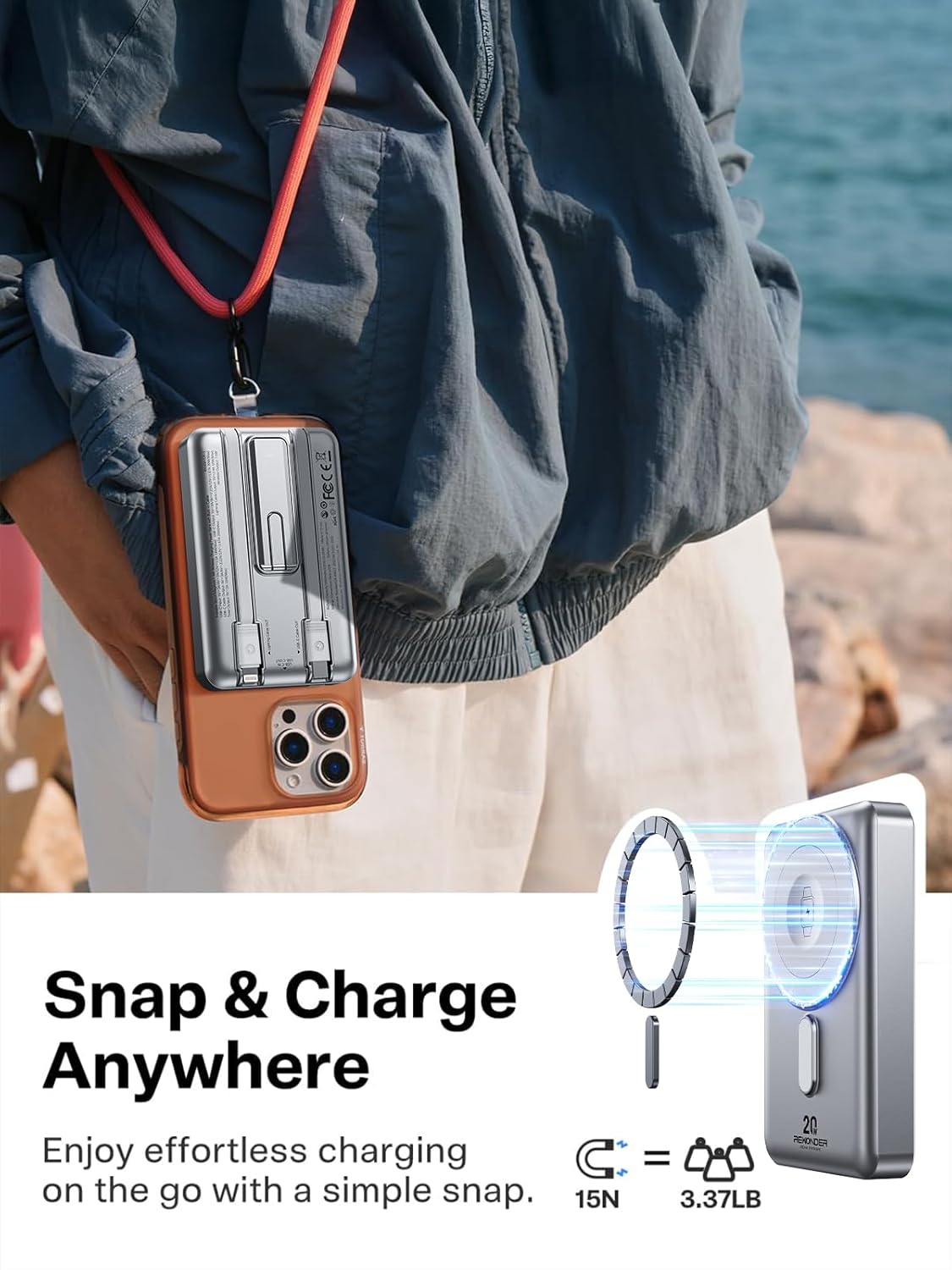 REWONDER Magnetic Portable Charger, 10000mAh PD 20W Portable Charger Power Bank with Built-in 2 Cables, Travel Essential Magsafe Battery Pack for iPhone 17/16/15/14/13/12 & Apple Watch Ultra/11/10/9