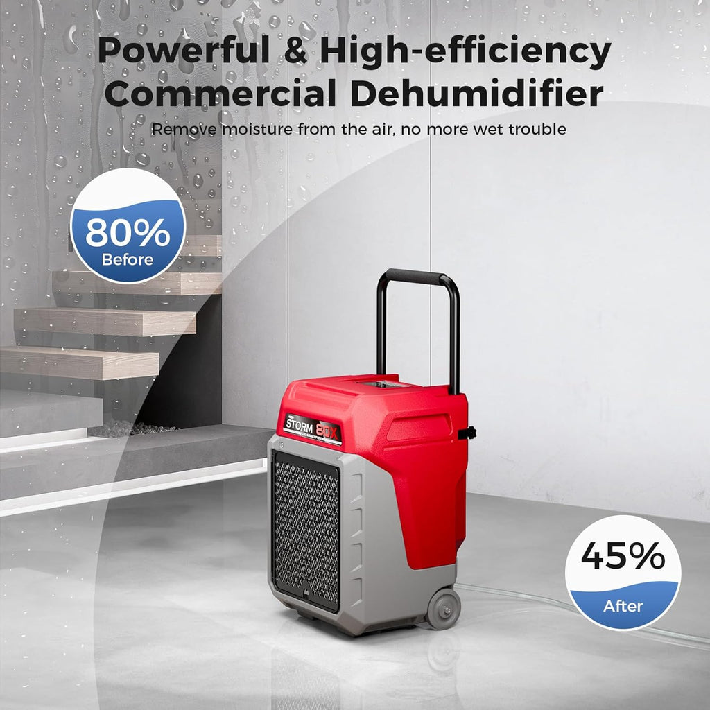 ALORAIR 170 PPD Commercial Dehumidifier with Pump, 2,100 Sq.Ft Space Cover Industrial Use Portable Dehu, with Wheels, Fit for Water Damage Restoration, Carpet Drying, Basement, Garage, Storm 80X Red