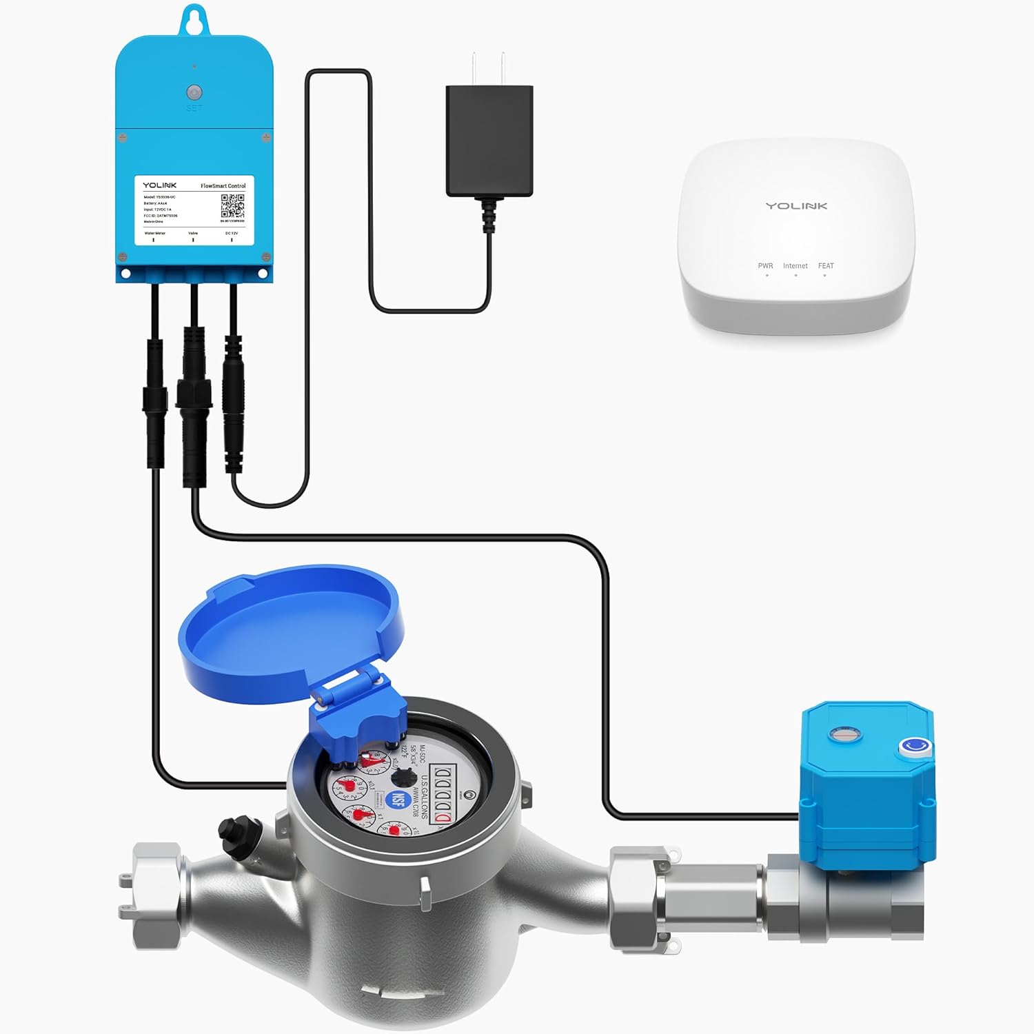 NSF Certified Pulse Meter + Shutoff Valve Kit, 1", FlowSmart Controller YS5006 Reads Meter Pulses, Real-Time Usage & Leak Detection, Auto Shutoff (D2D Offline), LoRa Long Range, Hub Included