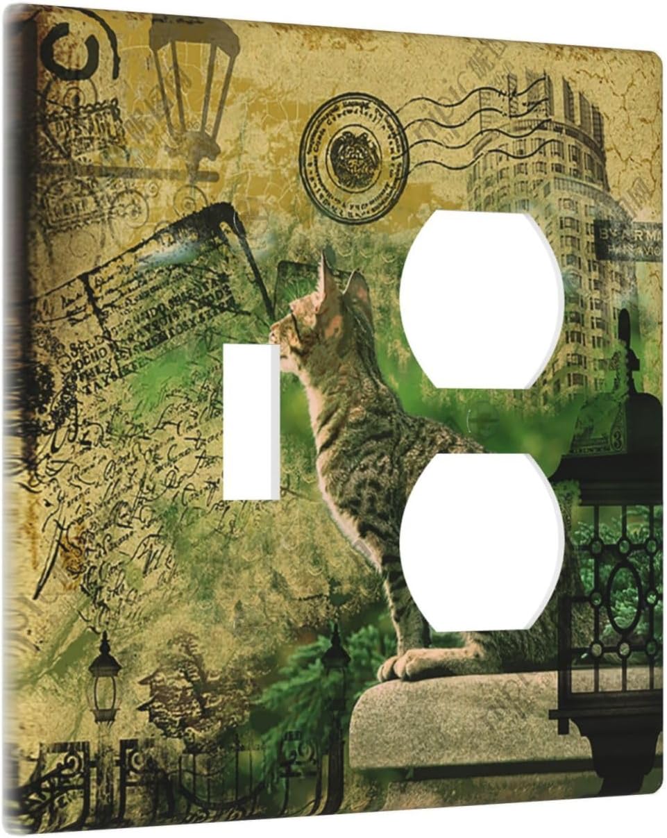 Outlet Covers Vintage Style Cat City Stamp 1 Toggle 1 Duplex Switch Plate Covers Electrical Light Switch Cover Plate Decorative Wall Plate Socket Cover for Bedroom Home Decor