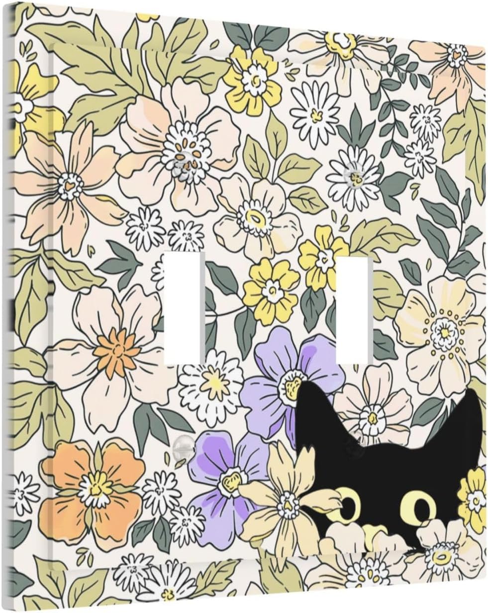 Decorative Light Switch Plate Covers Cute Black Cat in a Flower Patch Botanical Garden 2 Gang Wall Plate Double Toggle Double Light Switch Covers for Bedroom Home Decor （2 Pack）