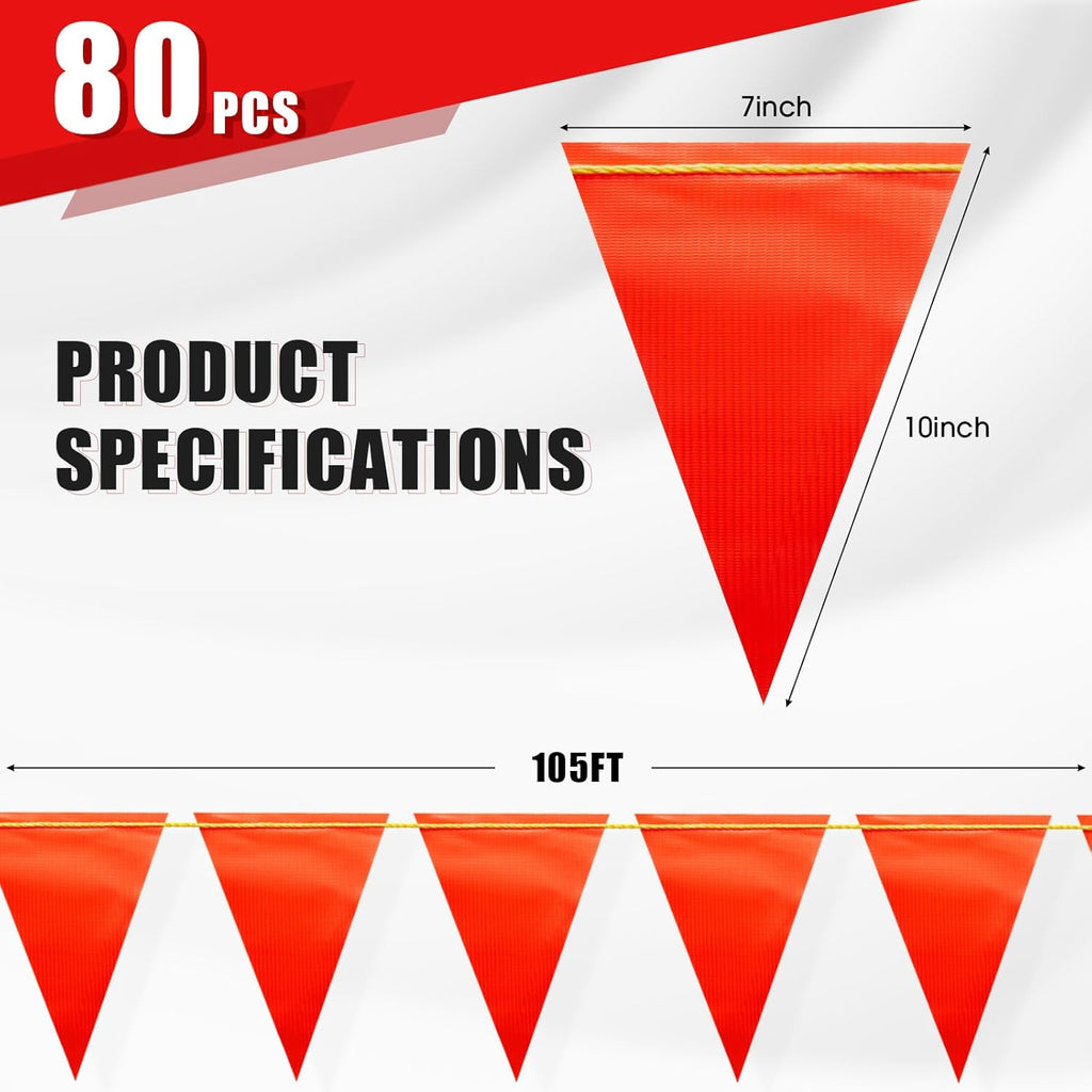 Safety Warning [Enhanced Density] Pennant Banner Flag Sign – 105FT OSHA High Visibility Triangle Signs for Construction Zones, Roadwork, and Hazard Areas(ORANGE FLAG+YELLOW STRING,80PCS,105FT)