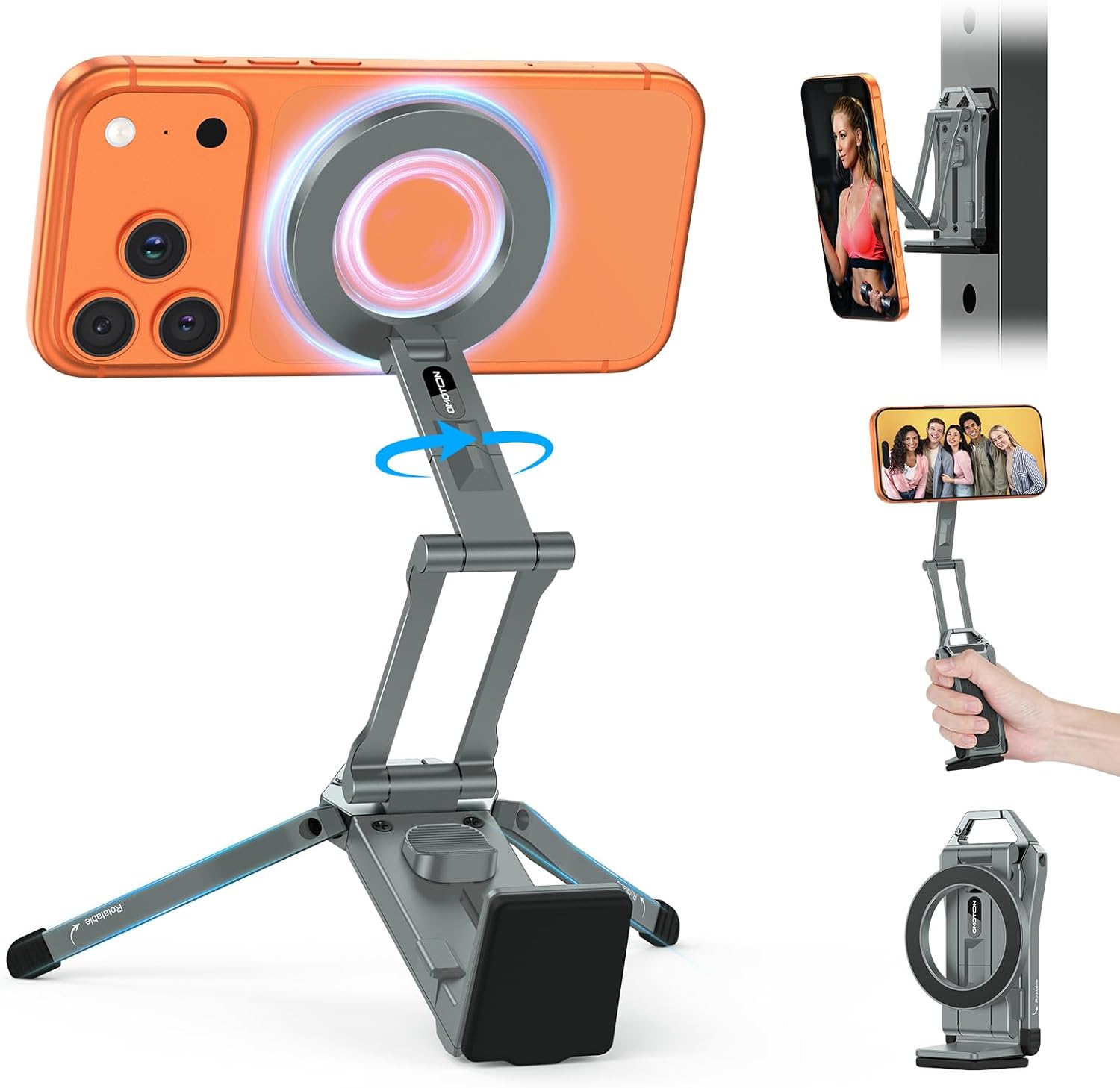 OMOTON 360°Rotating for MagSafe Tripod Mount, Adjustable Aluminum Magnetic Phone Tripod for iPhone 17/16/15/14 Pro Max Air, Foldable Cell Phone Stand Fits Vlog, Gym, Travel Essentials, Gray