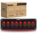 Nilight 8 Gang Rocker Switch Panel 5Pin On Off Toggle Aluminum Holder 12V 24V Dash Pre-Wired Red Backlit Switches for Automotive Cars Marine Boats RVs Truck