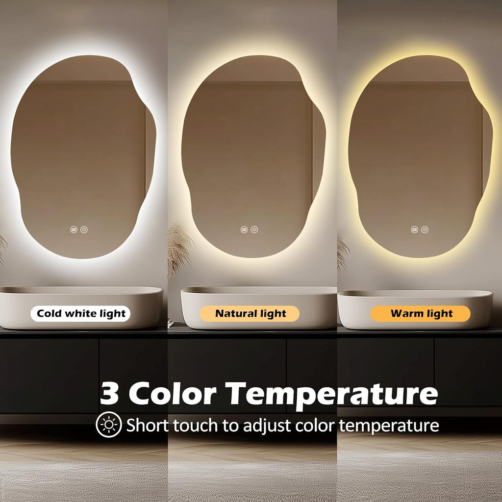 LED Mirror for Bathroom 22x30 in, Stepless Dimmable Irregular Backlit Mirror with 3 Colors, Anti-Fog, Memory, Al-Alloy Lampshade, Frameless Vanity Mirror for Bathroom (Horizontal/Vertical)