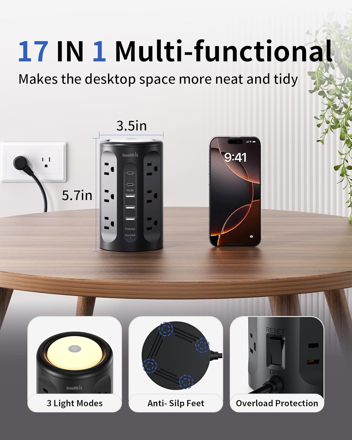 Surge Protector Power Strip Tower with 5 USB Ports and Night Light,10FT Extension Cord with 12 AC Multiple Outlets (Black, 10FT)