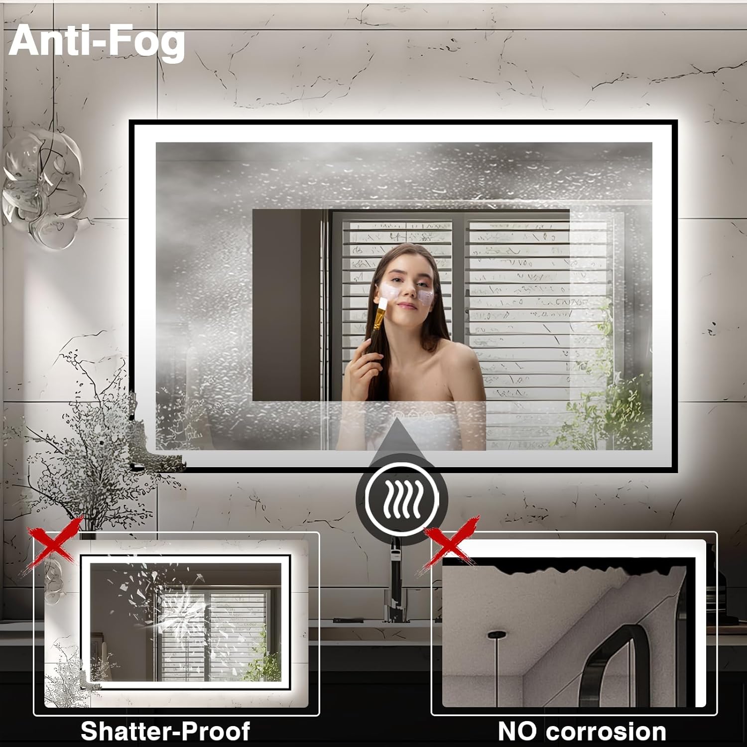 57x36 LED Light Mirror for Bathroom - Black Framed Mirror (Front and Backlit), Anti-Fog Bathroom Vanity Mirror, Stepless Dimmable Lighted Mirror, Tempered Glass, Memory (Horizontal/Vertical)