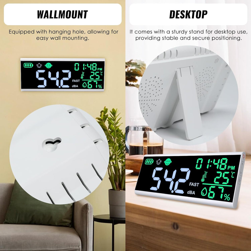 Decibel Meter 13 inches 30~130dB Sound Level Meter, Large LCD Display Wall Hanging Sound Gauge, Noise Level Detector, Decibel Monitoring Device, Time, Temperature, Humidity for Studio Classroom Home