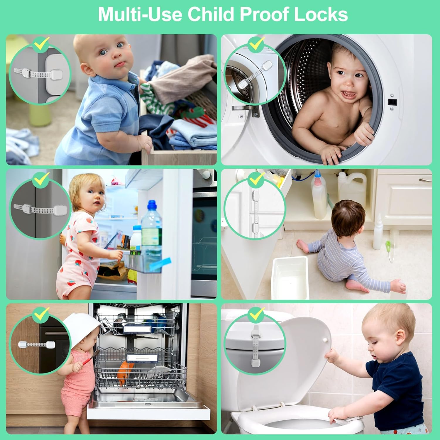 6 Pack Baby Proofing Cabinet Locks, Child Safety Locks with Adjustable Strap Latches for Cabinets and Drawers,Door,Dishwasher,Fridge,Toilet Seat,Cupboard,Trash Can,Washer (White)
