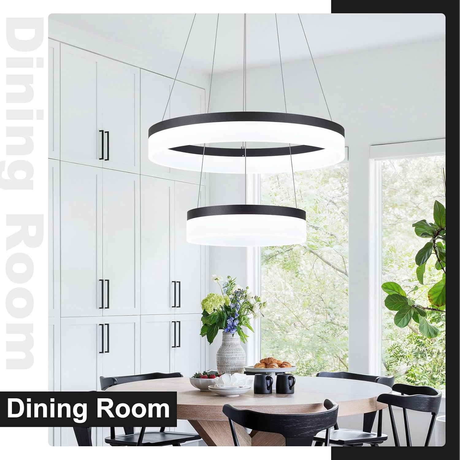 Buccleuch 2-Ring Modern LED Chandelier - Dimmable Black Round Pendant Light, Height Adjustable ETL-Certified Ceiling Light for Dining Room, Kitchen Island, Living Room, Bedroom, Foyer
