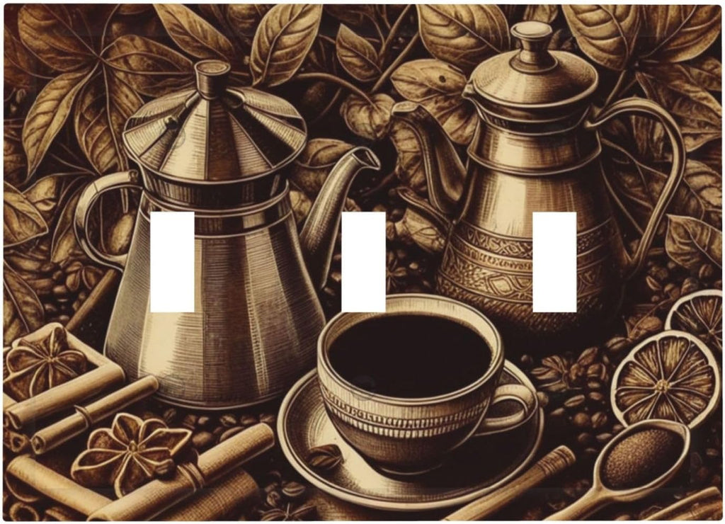 Decorative Light Switch Cover Plate Vintage Coffee Beans Leaf Cup 3 Gang Wall Plate Oversized Triple Toggle Switch Cover Plate Jumbo Faceplate for Kitchen Home Decor