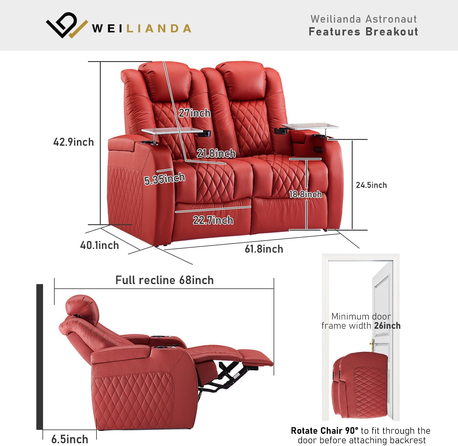 Weilianda Home Theater Seating Top Grain Leather Zero Gravity Recliner Chair Power Headrest Recline Movie Seat Gaming 7 Colors Mood Light Sofa with Tray Table USB Charge Row of 2 Loveseat Red