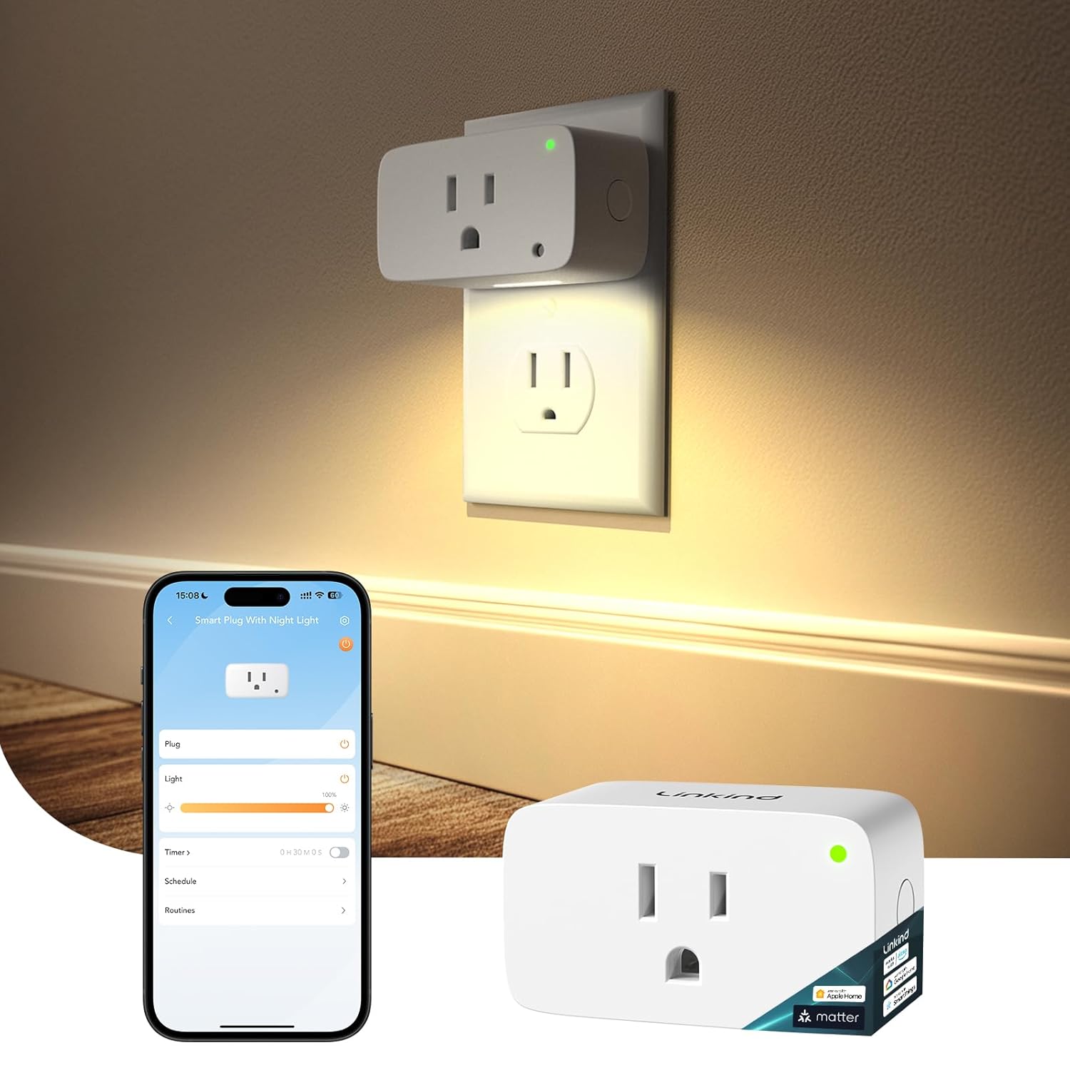 Linkind Matter Smart Plug with LED Night Light, Work with Alexa, Apple Home, Google, Smart Outlet 15A/1800W, Dusk to Dawn, Plug in Wall, Timer&Schedule, ETL&FCC Certified, 2.4GHz Wi-Fi Only, 1 Pack