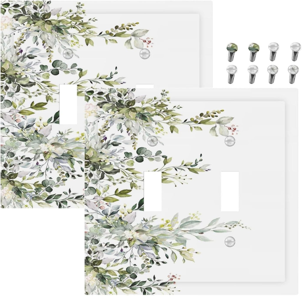 Decorative Light Switch Plate Covers Rustic Eucalyptus Leaves Green Leaf 2 Gang Light Switch Cover Unique Double Toggle Wall Plate Outlet Covers for Bedroom Home Decor （2 Pack）