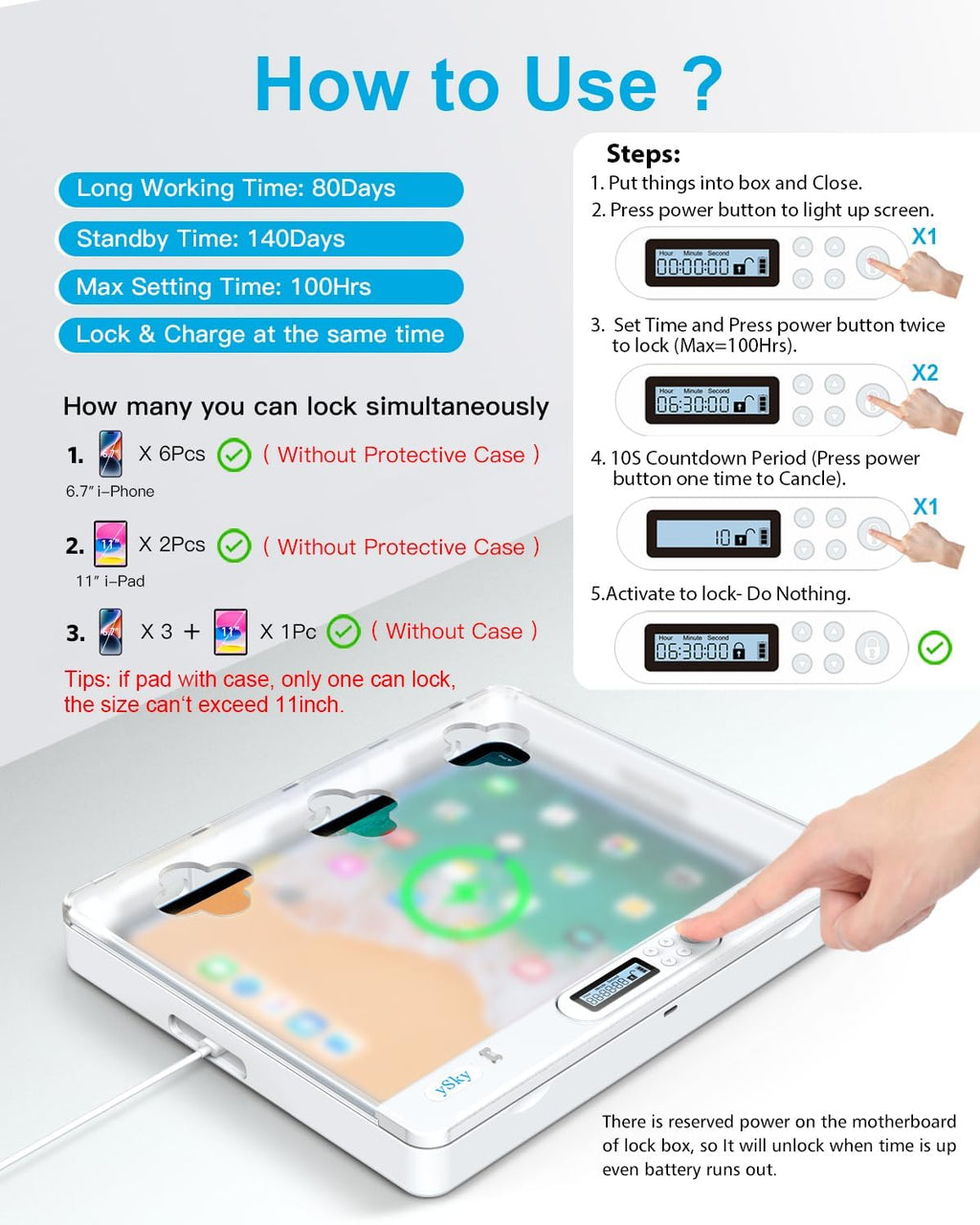 ySky Phone Lock Box with Timer for iPad Under 11inch,Timed Lock Box for iPhone,Tablet,Folded mobiles,Phone Locker for Children to Reduce Screen Time to get focus back